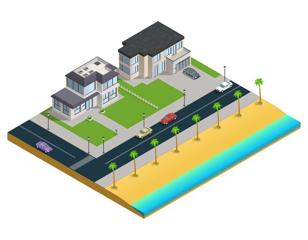 Isometric composition with two suburban houses near sand beach