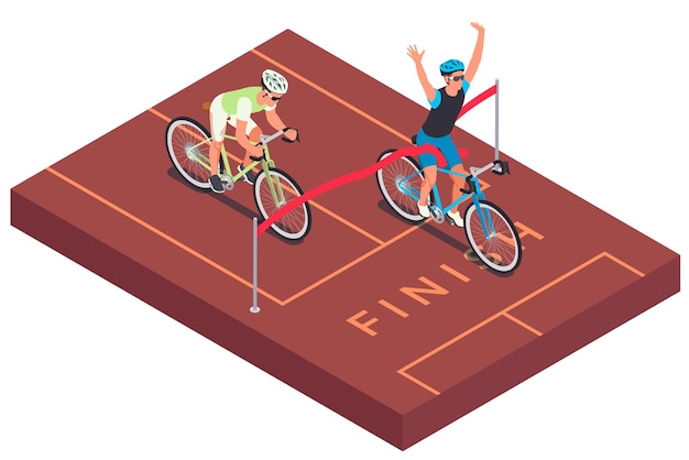 Free vector isometric composition with view of race track with red ribbon finish line and riders