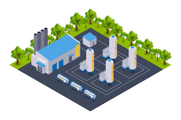Free vector isometric compressed gas composition with isolated view of outdoor area with vertical tanks and industrial building vector illustration