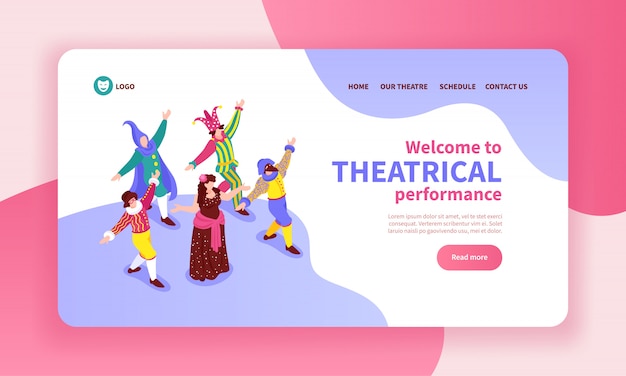 Isometric concept banner with dancing actors wearing classical costumes 3d