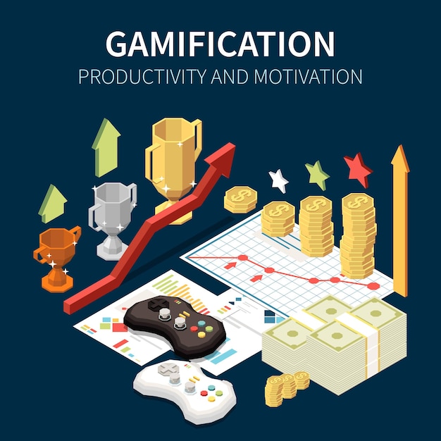 Free vector isometric concept of business gamification productivity and motivation with 3d game and money symbols vector illustration