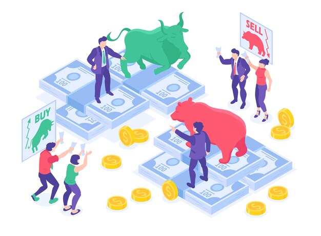 Изометрическая концепция финансов и фондового рынка быков против медведей с человеческими персонажами и денежной 3d векторной иллюстрацией