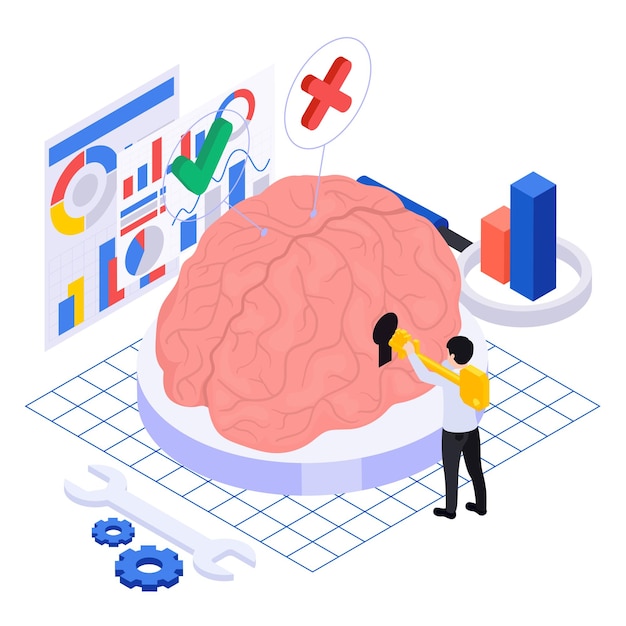 Free vector isometric concept of neuromarketing with character using key to human brain 3d vector illustration
