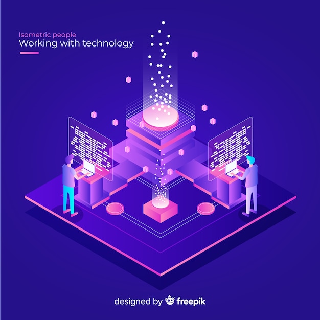 Free vector isometric concept of people working with technology