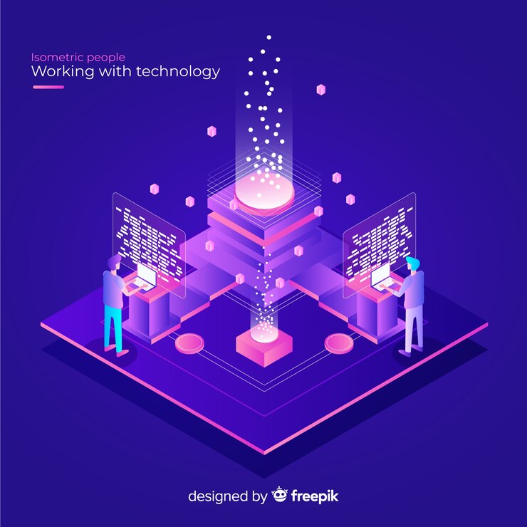 Free Vector isometric concept of people working with technology