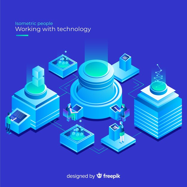 Isometric concept of people working with technology