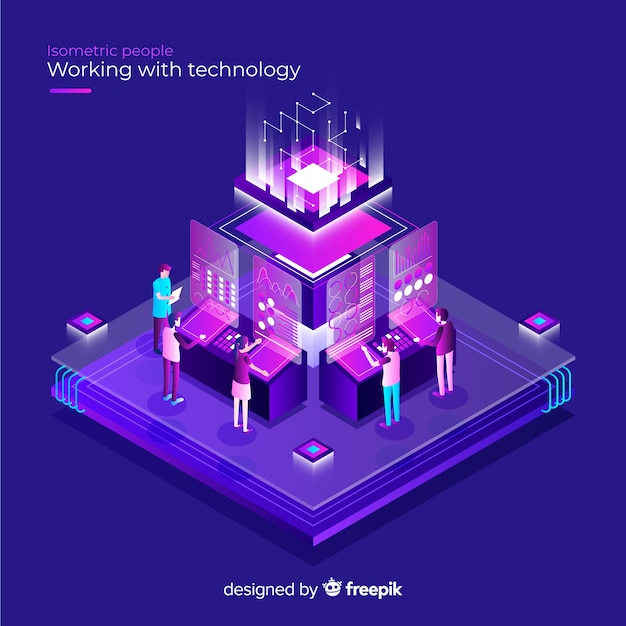 Isometric concept of people working with technology