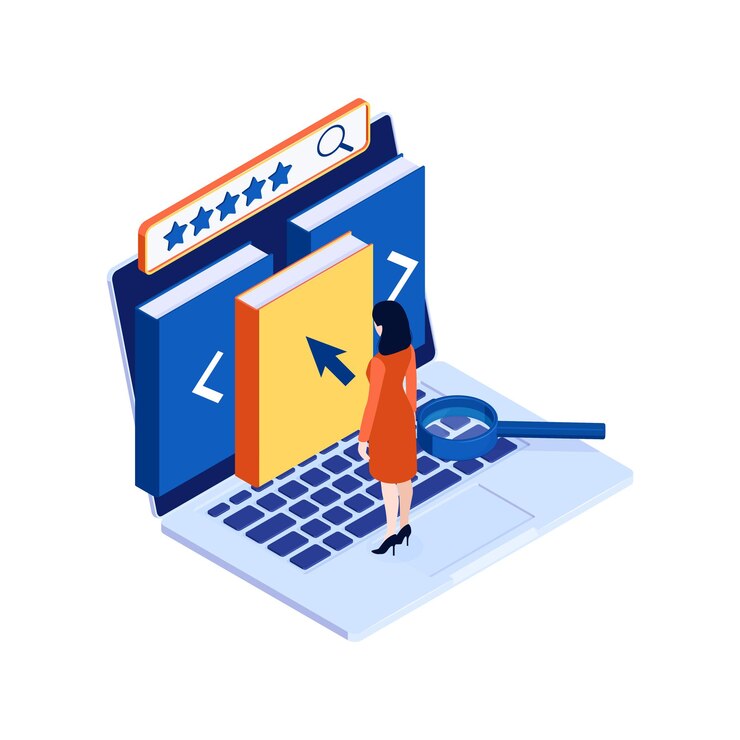 Free Vector isometric concept of searching books in online library with colorful elements 3d