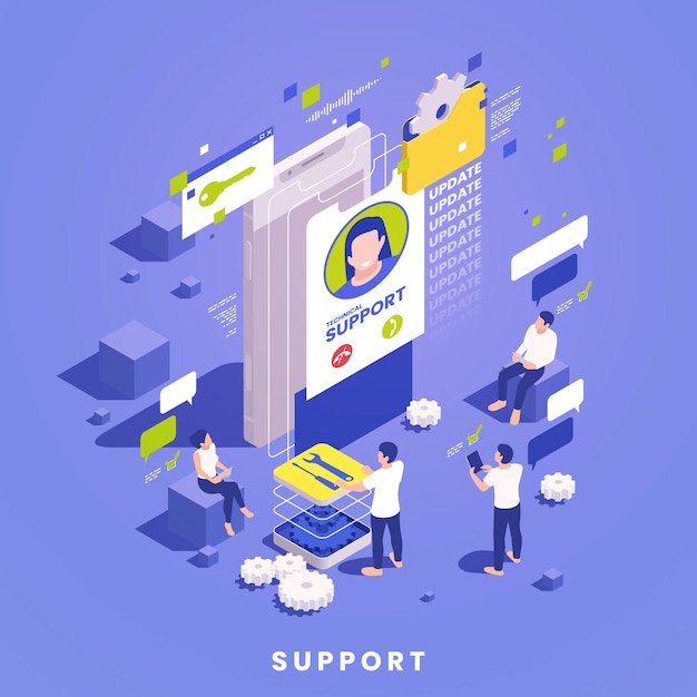 Isometric concept of technical support with customers contacting service on color background 3d vector illustration