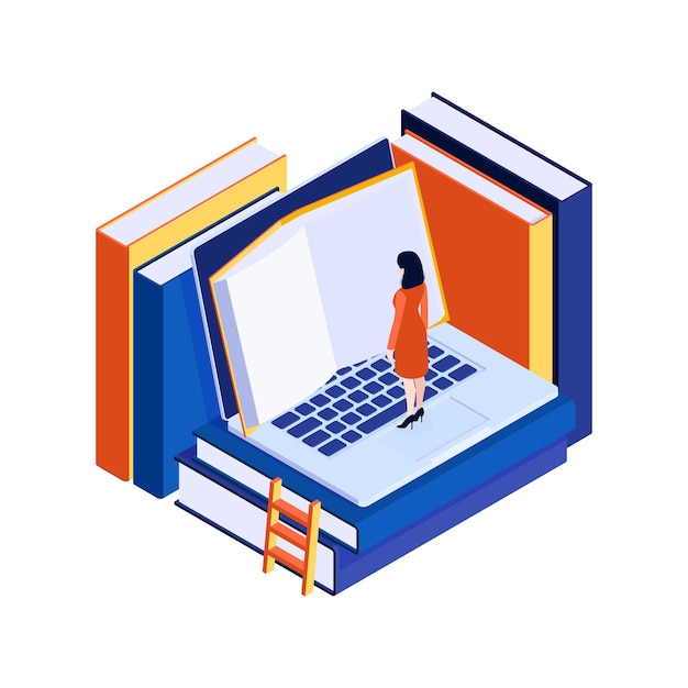 Isometric concept with character of woman reading electronic books on laptop