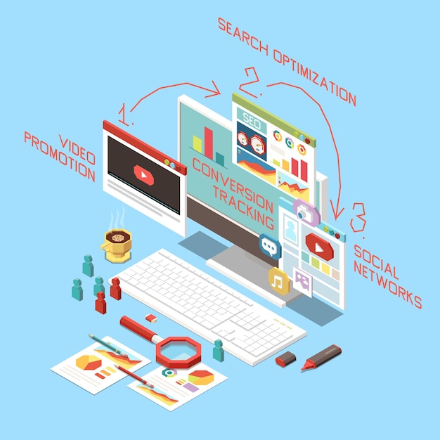 Isometric concept with conversion rate optimization stages 3d illustration