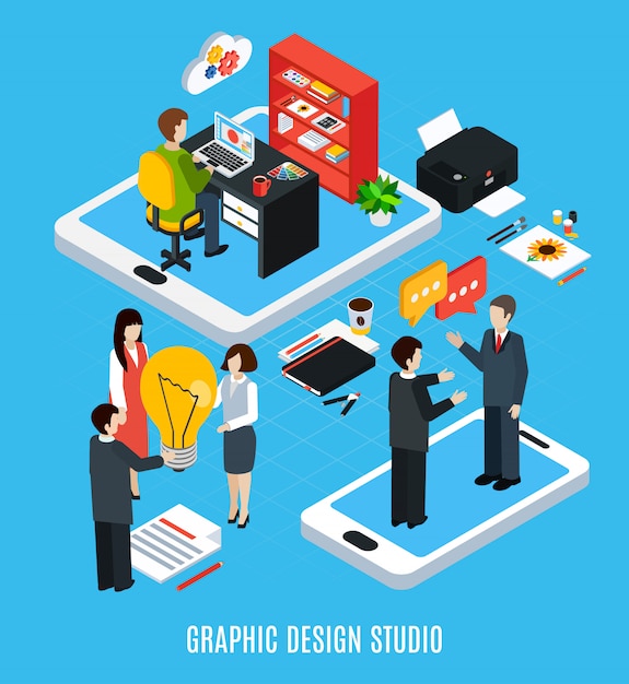 Isometric concept with graphic design studio, illustrator or designer and tools for work 3d isolated vector illustration