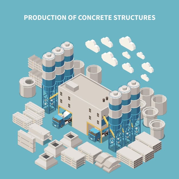Free vector isometric concrete cement production composition illustration