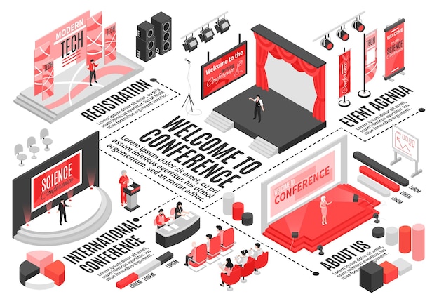 Free vector isometric conference hall horizontal flowchart composition with text captions graph elements stages seats and visitor characters illustration