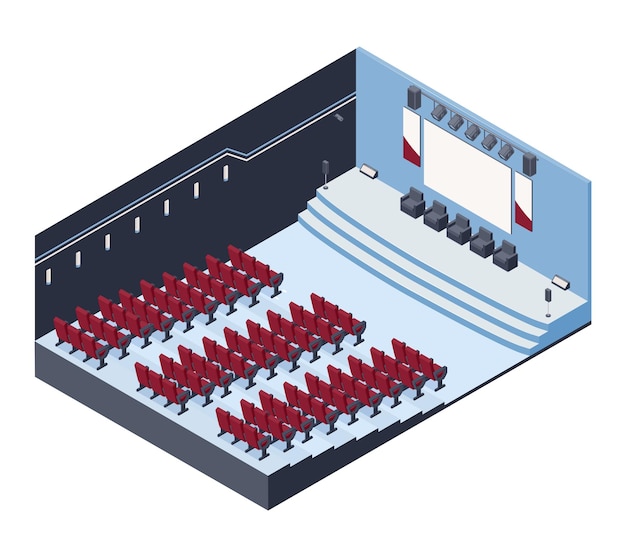 Isometric conference hall room concept with empty audience vector illustration