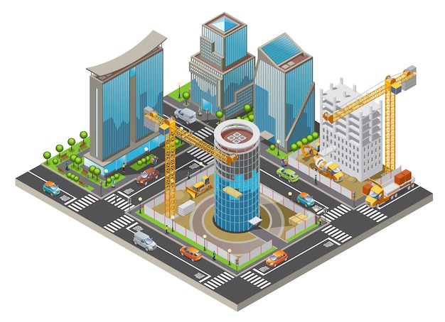Isometric under construction city concept with modern buildings cranes and industrial transport Premium Vector
