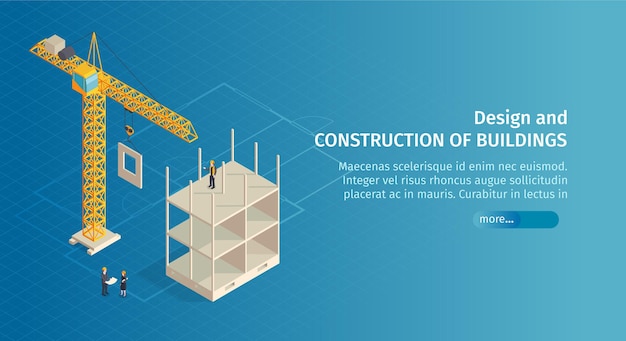 無料ベクター スライダーボタンのテキストと半分建設された建物のクレーンの画像を含む等尺性建設水平バナー