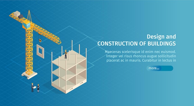 Isometric construction horizontal banner with slider button text and images of crane with half-constructed building