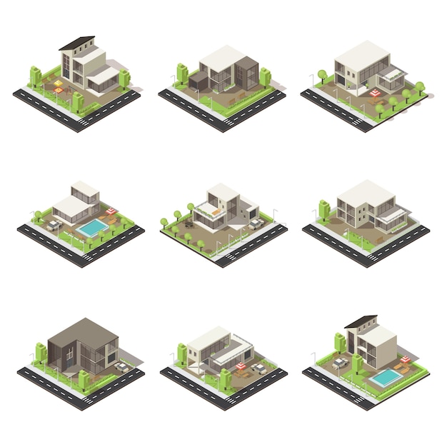 Free vector isometric cottages and mansions set