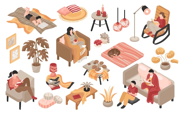 Isometric cozy home icon set rest on the couch with cup of drink or with book vector illustration