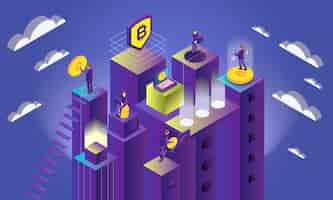 Free vector isometric cryptocurrency concept with bitcoins and people do mining 3d vector illustration