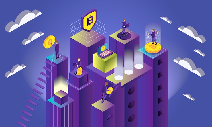 Free Vector isometric cryptocurrency concept with bitcoins and people do mining 3d vector illustration