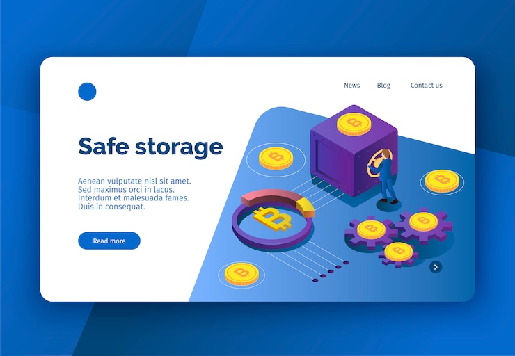 Free Vector isometric cryptocurrency landing page with bitcoins and person opening safe 3d vector illustration
