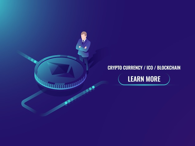 Free vector isometric cryptocurrency mining and buying concept, investment in crypto currency