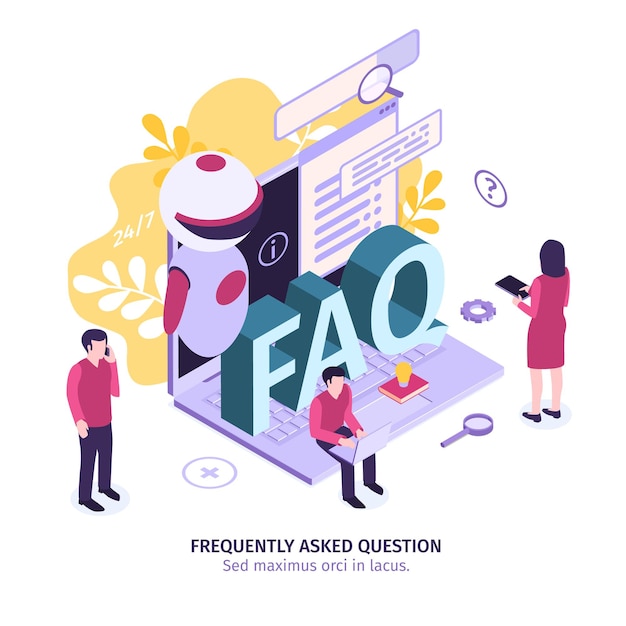 Isometric customer support faq composition with editable text gear icons and small people with laptop