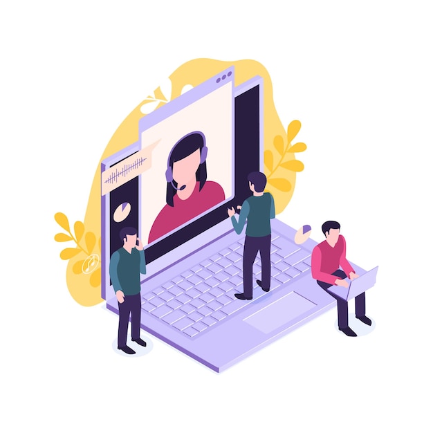 Isometric customer support faq composition with human characters talking to tech agent in laptop vector illustration