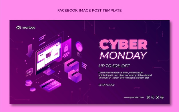 Free vector isometric cyber monday social media promo template