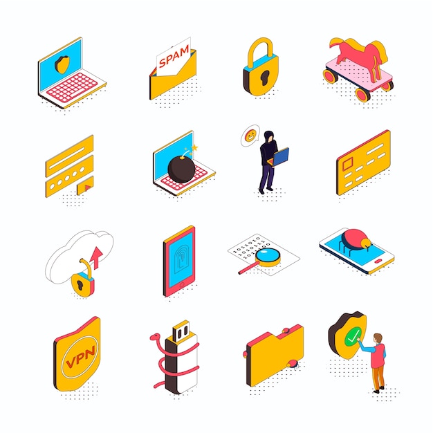 Free vector isometric cyber security collection of sixteen isolated icons with conceptual computer pictograms smart devices and people