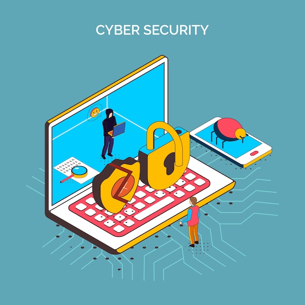 Isometric cyber security composition with conceptual icon of laptop computer broken locks phone and bug images vector illustration