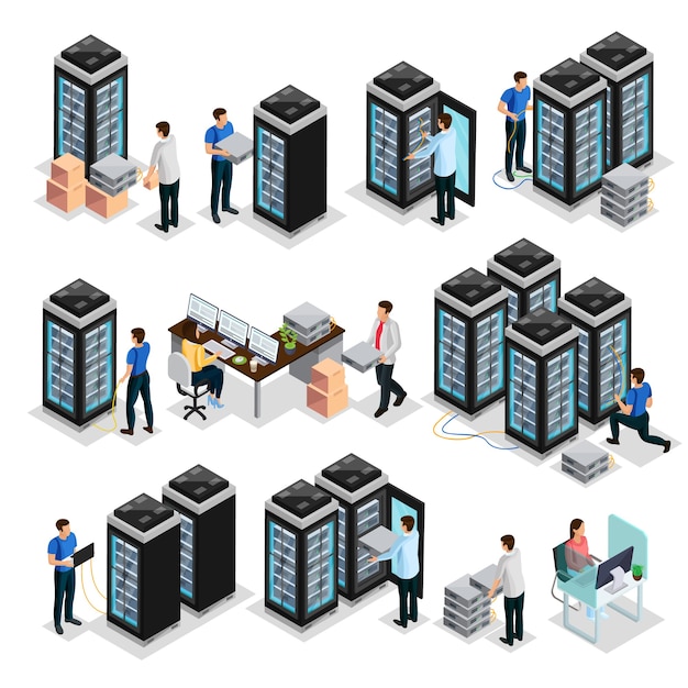 Vettore gratuito raccolta isometrica del data center con ingegneri che riparano e mantengono isolate le apparecchiature dei server di hosting