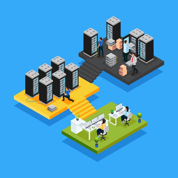 Isometric data center concept with women working in office and engineers repair and maintain hosting servers isolated