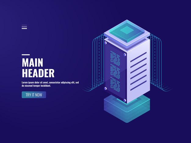 isometric data processing center, ai programming, neron wide, datacenter and database icon