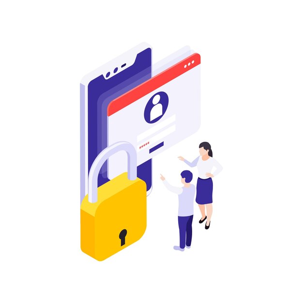 Isometric data protection concept with parent child login window lock 3d
