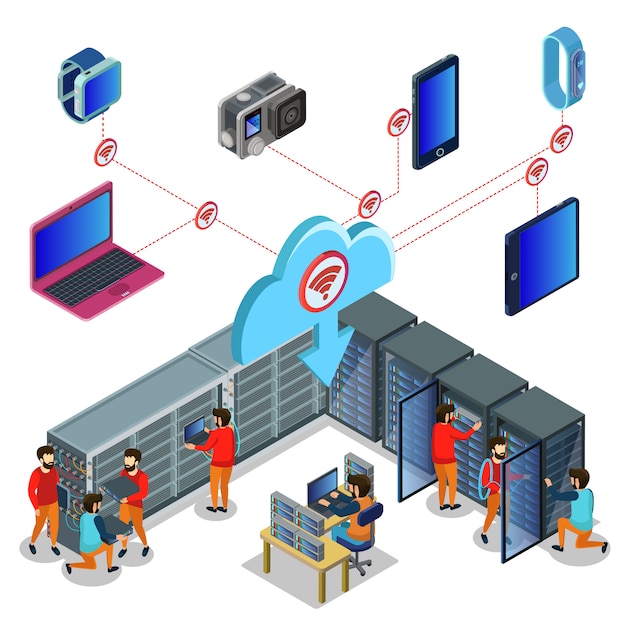 Vettore gratuito concetto di datacenter isometrico