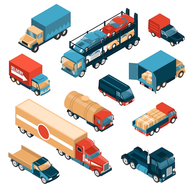 Free vector isometric delivery trucks set of isolated images with motor lorry cars and vehicles for different freights