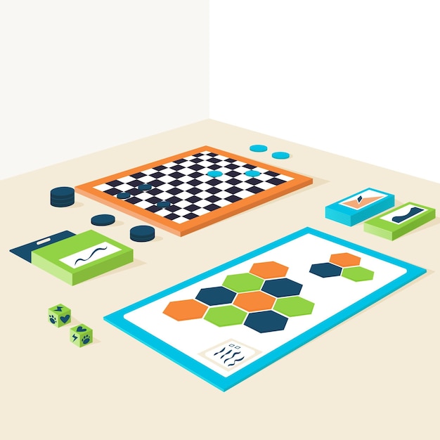 Collezione di giochi da tavolo dal design isometrico