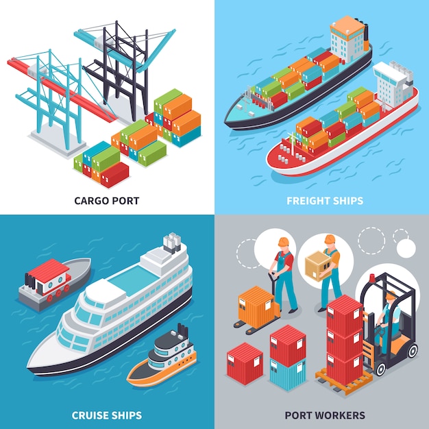 Free vector isometric design concept with freight and cruise ships and sea port workers