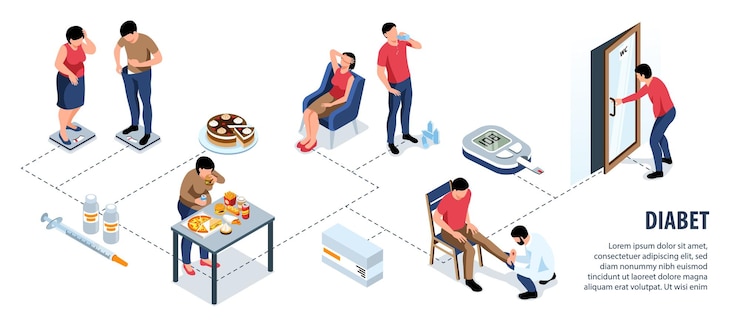 Free Vector isometric diabetes infographics with flowchart of icons showing life situations of sick persons with editable text vector illustration