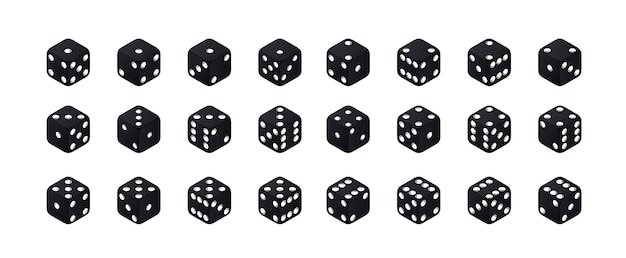 Isometric dice. Variants black game cubes isolated on white background. All possible turns collection.