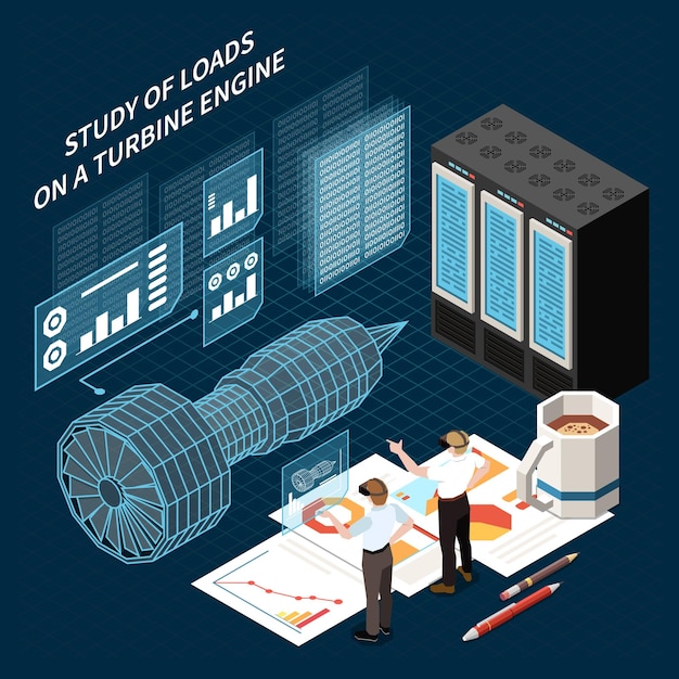 Free vector isometric digital twin technology composition with virtual 3d model of turbine engine and researchers wearing vr headset vector illustration