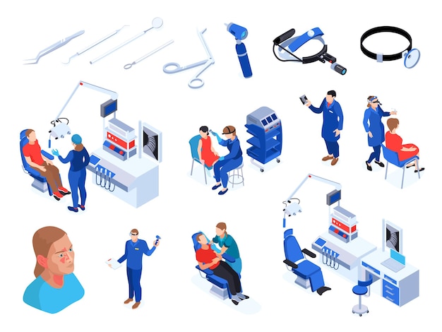 Free vector isometric doctor ent specialist set of isolated icons human characters and images of medical appliances instruments vector illustration