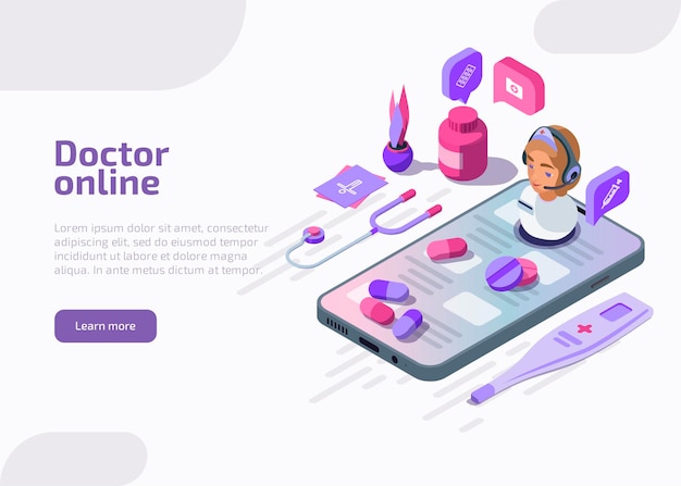 Free vector isometric doctor online vector illustration.