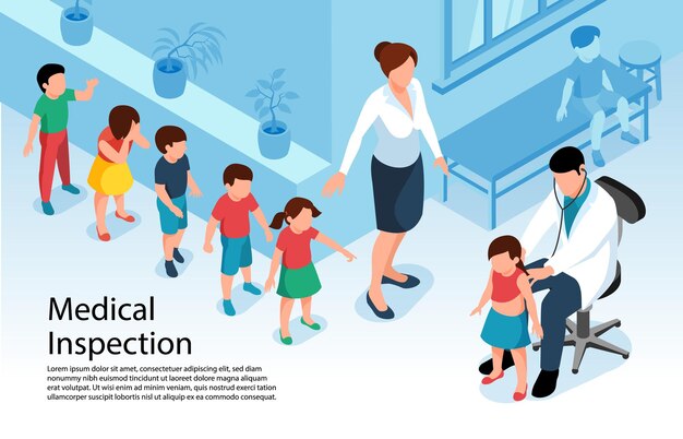 Isometric doctor pediatrician with queue of children illustration