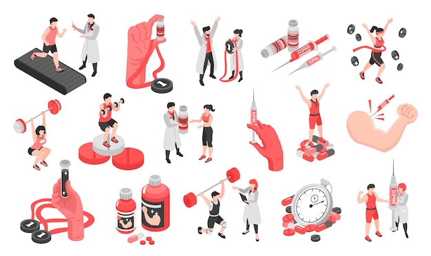 Isometric doping in sports 3d set with types of anabolic steroids and human characters of athletes isolated vector illustration