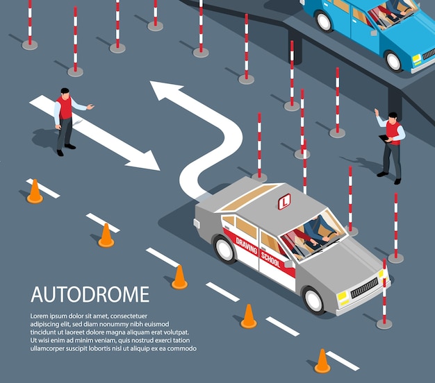 Free vector isometric driving school composition with drive exercise area illustration
