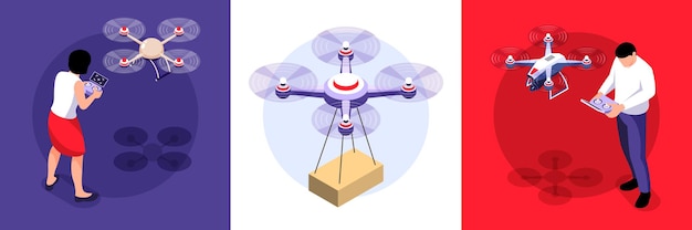 Isometric drone design concept with set of square compositions with remote quadcopters remotely controlled by people  illustration